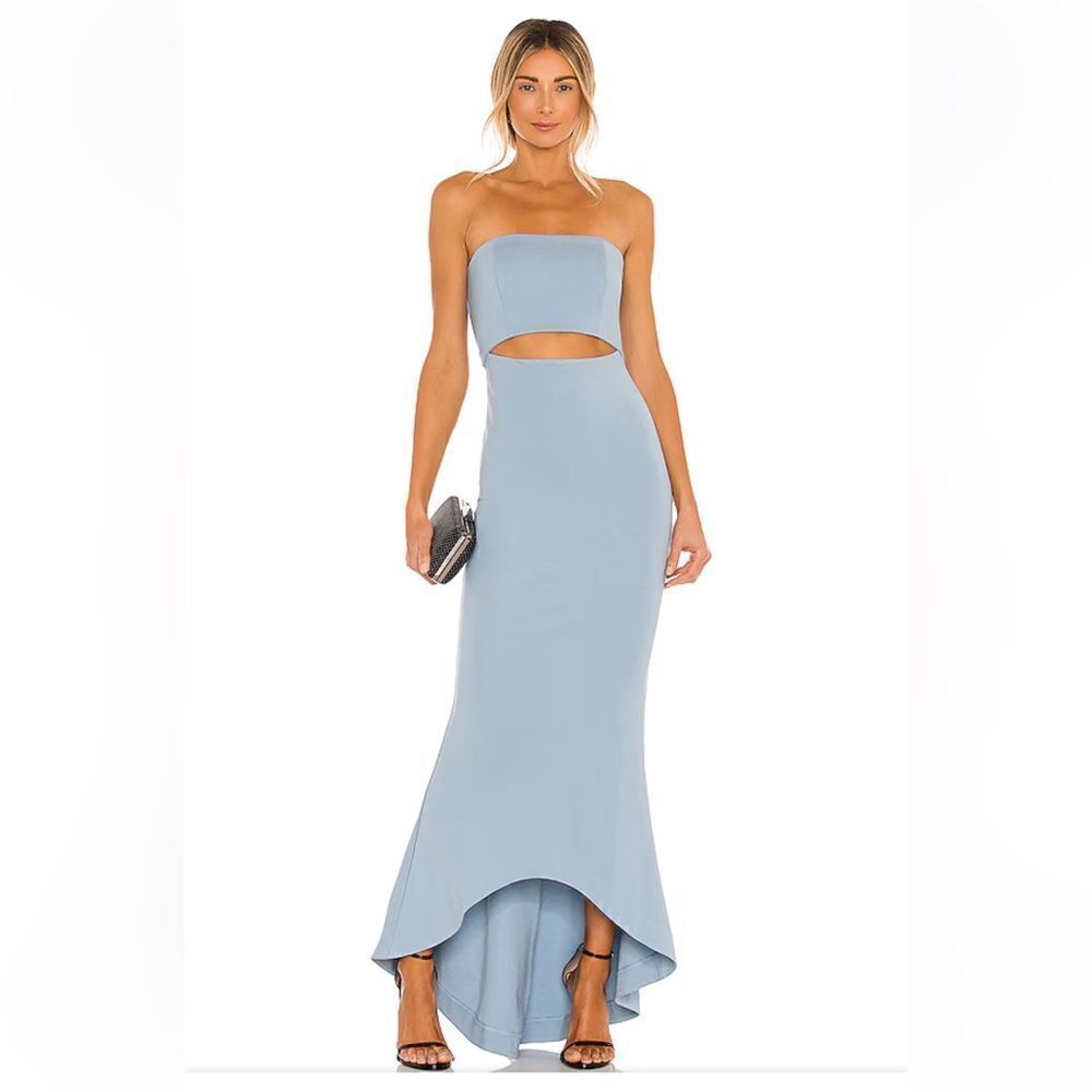 NBD June Gown baby blue maxi dress knit ponte strapless mermaid Revolve S new